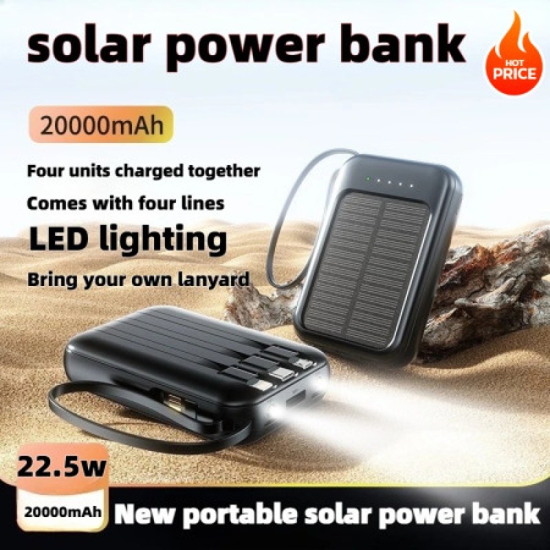 Portable Solar Power Bank 20000mAh with LED Light & Multi Cable Support