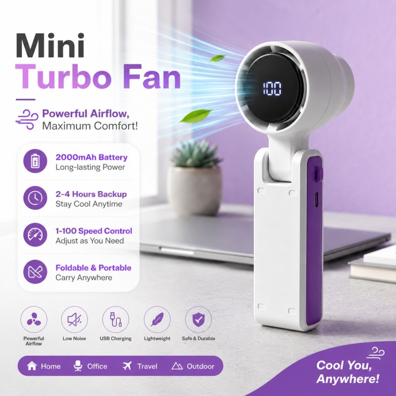 Portable Mini Turbo Fan Rechargeable USB Handheld Fan 2000mAh Battery 1-100 Speed Adjustable_000849