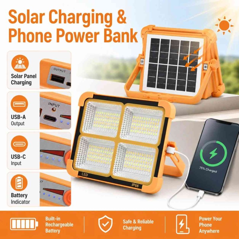 Solar Charging LED Flood Light Outdoor Portable Spotlight with USB Power Bank-000927
